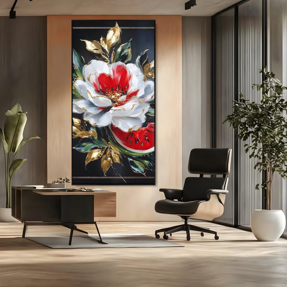 Tablou canvas cu tablou canvas cu floare si pepene, in rama de aluminiu negru, pe perete intr-un birou